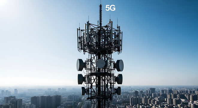 Metal cellular tower with antennas overlooking a dense urban city skyline under a blue sky with stands overlooking