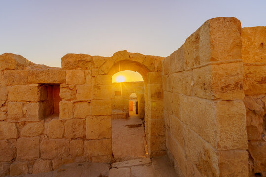Sunset with ancient ruins,  Nabataean city of Avdat