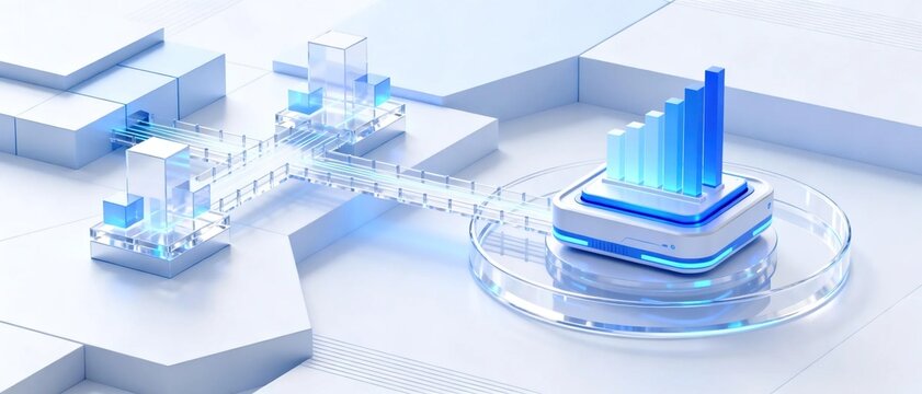 Modern 3d blue transparent business technology data analysis growth chart connected via glass network pathway on clean white background showing financial growth and big data concept