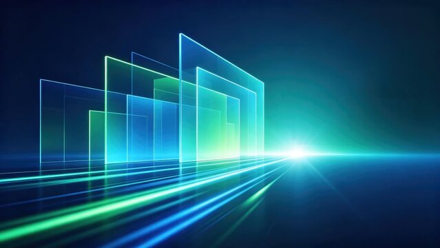Abstract overlapping transparent gradient blue green glowing rectangular frames with dynamic speed light trails showing futuristic digital technology and future business development concept