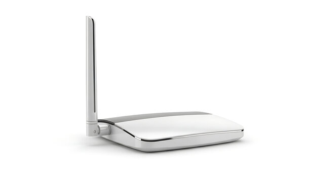 A white wireless internet router with a single antenna isolated on a white background with stands isolated