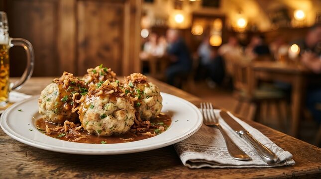 Traditional dumplings with gravy and fried onion served on plate. Austrian cuisine dish with beer in cozy tavern. Restaurant food, gastronomy and eating out concept.