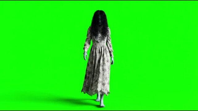 Scary ghost woman walking on a green screen background,chroma key