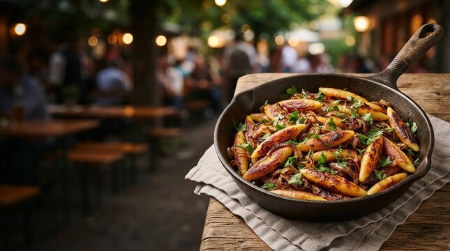 Fried dumplings with caramelized onion and parsley in cast iron skillet on wooden table. Traditional street food at outdoor beer garden. Rustic cuisine and gastronomy concept.