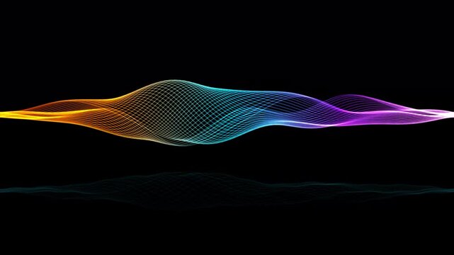 Abstract colorful wave grid pattern with reflection on black background 4k video