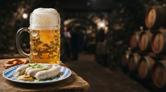 Glass mug of fresh beer with foam, bavarian white sausages with mustard and pretzel on wooden table in brewery cellar. Oktoberfest festival food and drink concept.