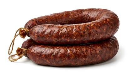 Fototapeta premium Two rings of dark cured sausage stacked together on a white background.