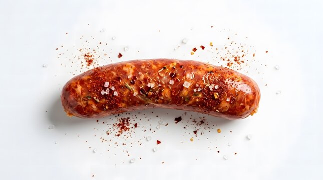 A single seasoned sausage lies horizontally against a plain white background.