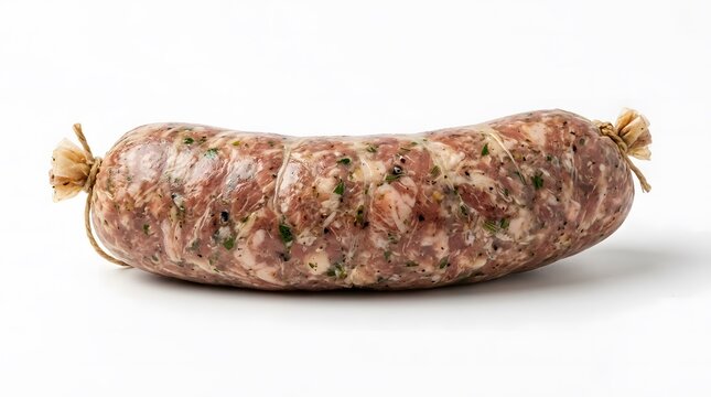 A thick, uncooked sausage tied with string at both ends, sitting horizontally on a plain white surface.