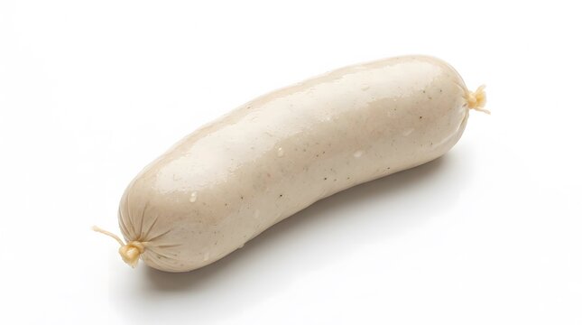 A single white sausage lies diagonally against a clean, plain white background.
