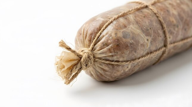 A close-up shot of a cured sausage tied with twine on a white background.
