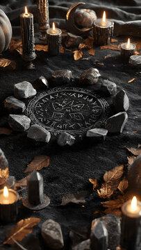 Photorealistic Magic Circle with Crystals Runes Candles and Moon Dark Mystical Background