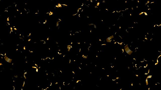 gold metallic confetti rain falling isolated alpha channel animation, golden birthday party and anniversary celebration and sale overlay social media motion design element