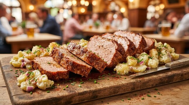 Sliced roast pork with crispy crust and potato salad on wooden cutting board. Traditional German cuisine in rustic tavern with beer on background. Oktoberfest food concept