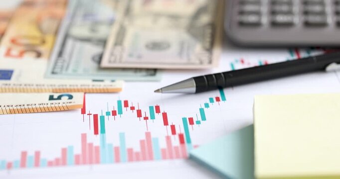 A workspace comes alive with dollars, charts, and a calculator. An organized scene reveals financial planning and market analysis taking place. Inspiration unfolds amidst notes and graphs.