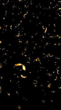 gold metallic confetti rain falling isolated alpha channel animation, golden birthday party and anniversary celebration and sale overlay vertical social media motion design element