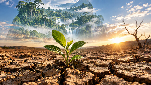 Climate change concept with green sprout growing on cracked dry desert earth and lush jungle waterfall overlay