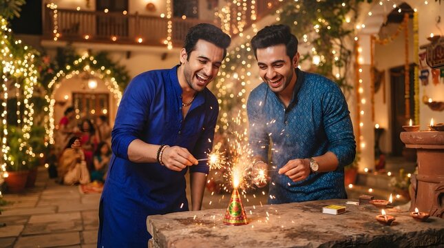 Two men celebrating diwali with firecrackers at home