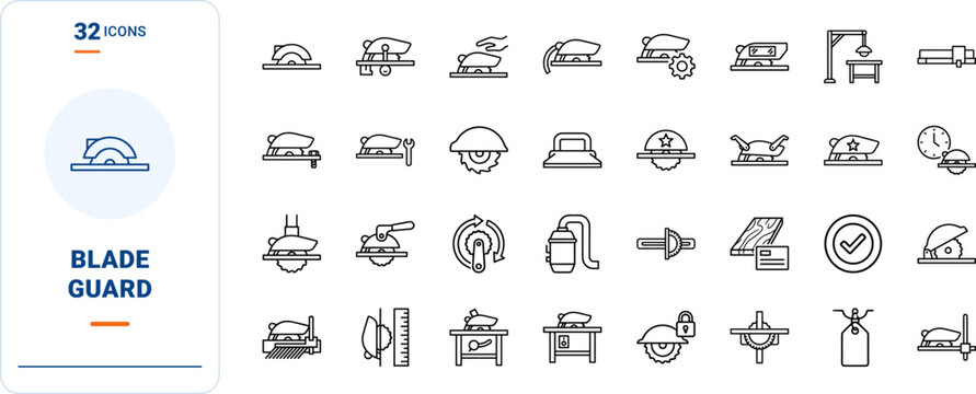 Table Saw Saw Blade Guard Setup Web Icon Set in Linear Style. Collection of Saw Guard line icons, including blade guard, riving knife, kickback pawls, dust collection, push stick, alignment.