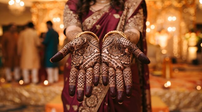 Woman showing intricate henna mehndi design on her hands