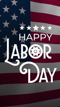 Happy Labor Day Typography with American Flag and Gear Icon Animation