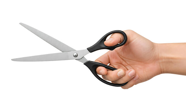 Hand holding silver scissors with black handles isolated on transparent background