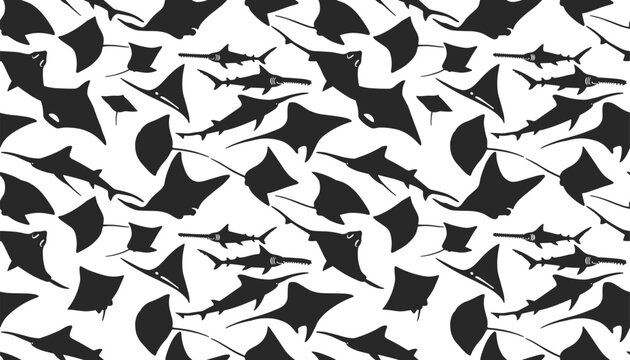 Seamless pattern of black stingray manta ray and sawfish silhouettes