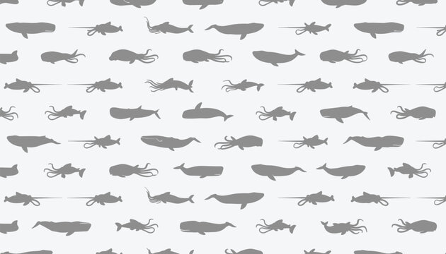 Seamless pattern of grey whale squid and sawfish silhouettes