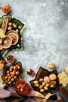 Autumn left border with leaf glass dishes and plaid blanket vertical