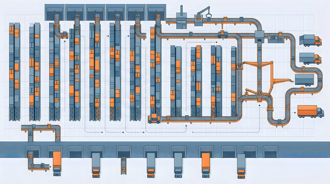 Technical warehouse logistics floor plan illustration featuring conveyor belts and truck loading docks for industrial supply chain management.