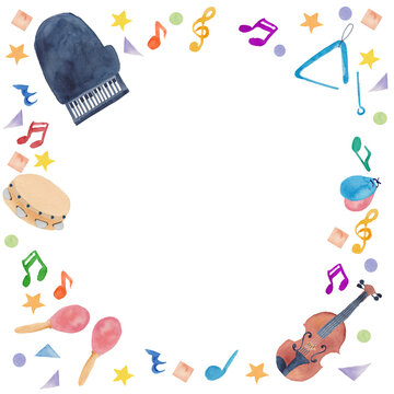 Watercolor Music Frame with Musical Instruments and Colorful Shapes