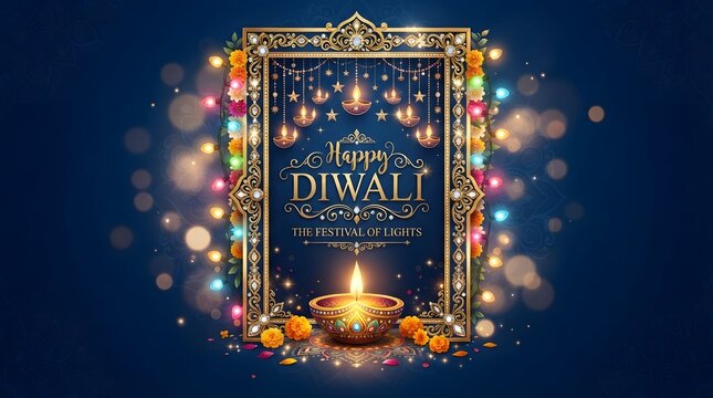 Happy diwali festival of lights with golden frame and diya