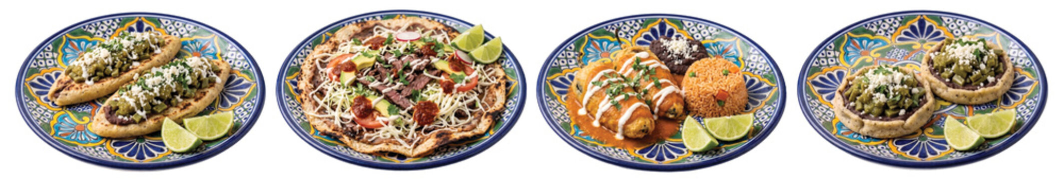 Authentic Mexican Dishes Set: Huaraches with Nopales, Oaxacan Tlayuda with Asada, Chiles Rellenos with Rice and Beans, and Nopal Sopes Served on Talavera Plates Isolated on transparent Background