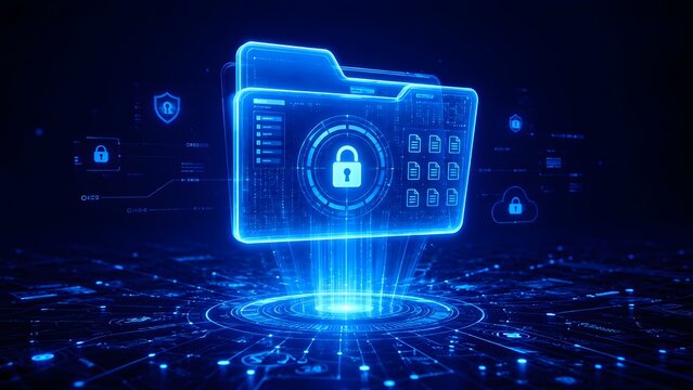 Futuristic blue holographic folder with padlock icon on digital grid background for cybersecurity and confidential data protection