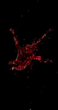 Ultra slow motion blood splash isolated on black background. Realistic liquid droplets ideal for VFX compositing, overlays, horror effects and cinematic action scenes.