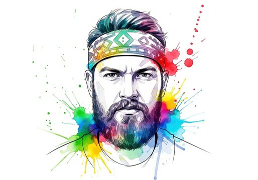 Man with colorful headband and beard in vibrant style