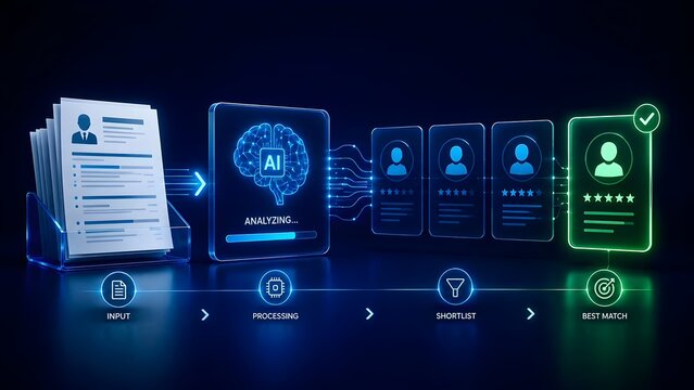 Automated AI recruitment pipeline UI concept, smart screening profile and final green best match candidate selection.