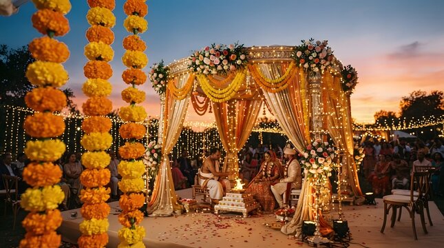 Traditional indian wedding ceremony under floral mandap