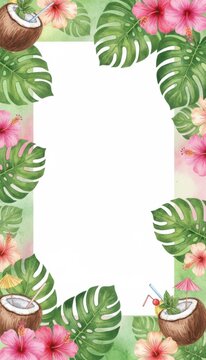 Watercolor Tropical Monstera Leaves Frame with Hibiscus Flowers, Coconut Cocktails, and Drinks Border