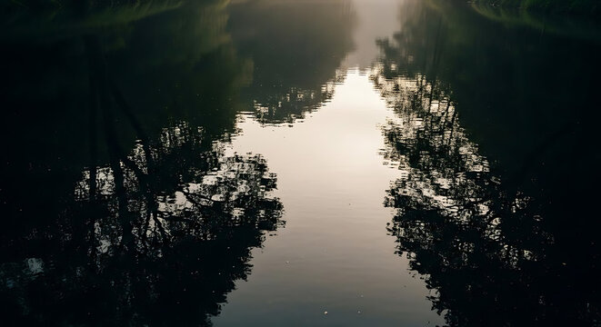 Dark silhouettes of trees reflecting in the calm water of a misty river at dawn with silhouettes reflected smooth