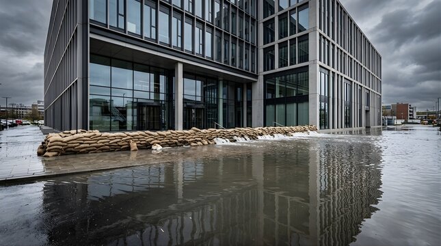 Sandbags protecting a modern office building during a flash flood event