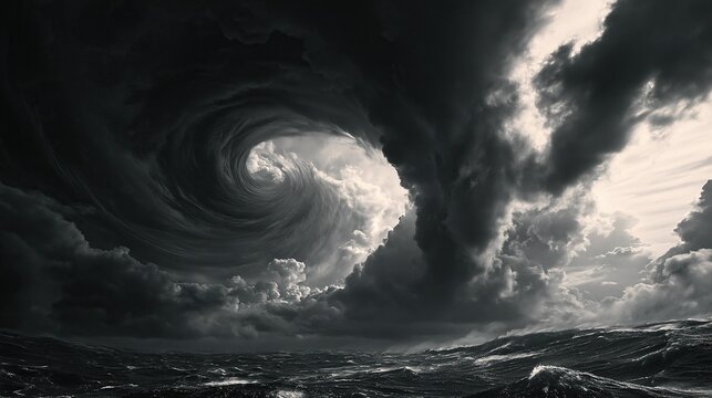 Dramatic black and white view of massive swirling storm cyclone eye over rough stormy ocean showing powerful natural extreme weather and climate disaster concept