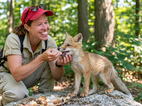 Wildlife volunteer woman feeding a small red fox cub in the forest
