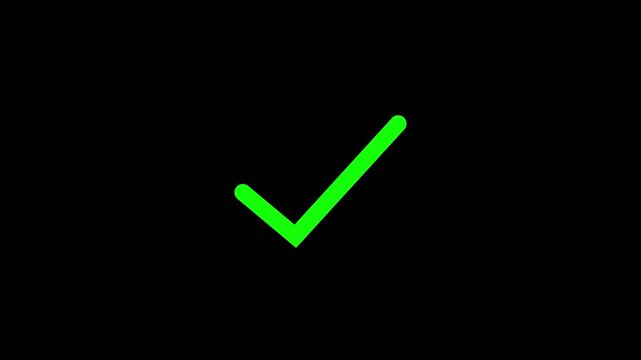 Bright green check mark icon isolated on black background for success and approval concepts