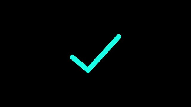 Glowing cyan check mark icon on black background for digital interface and task completion.