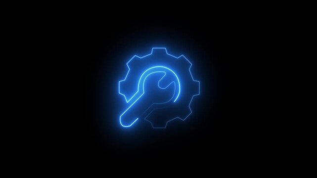 Glowing blue neon gear icon with a wrench symbol for technical support and maintenance concepts.