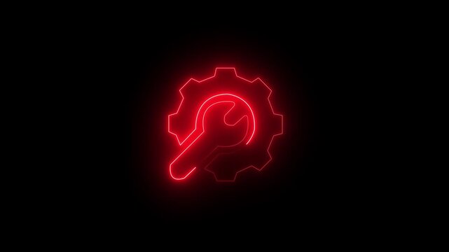 Glowing red neon gear and wrench icon representing technical support and maintenance service.