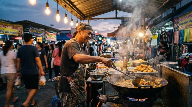 Male Street Vendor Frying Food in Wok at Bustling Evening Market
