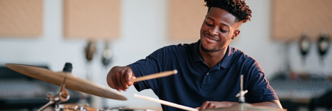 Young man striking cymbal in rehearsal studio background for music practice poster and band banner promoting lessons and sessions