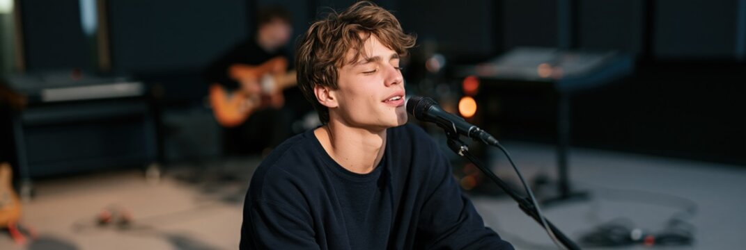 Young male singer performing in a recording studio vocal closeup with microphone and band for music banner and background